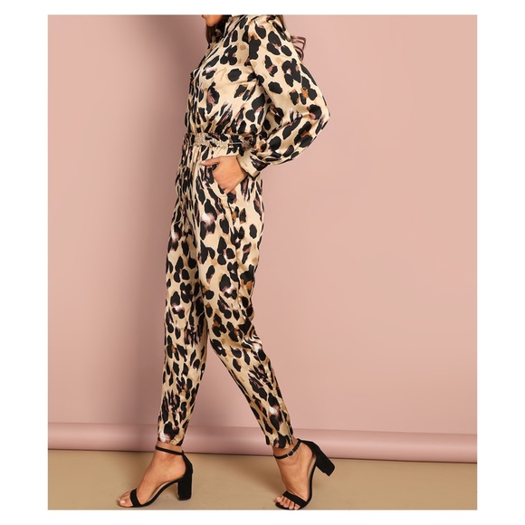 Animal Print Long Sleeve Cocktail Satin Jumpsuit - Picture 3 of 6